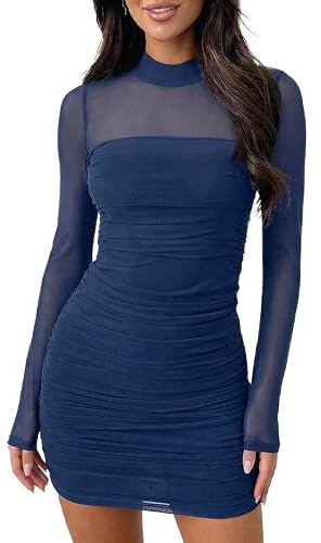 Sukiglam Robe Moulante Femme Manches Longues Col Montant Sexy Mini Robes en Maille Transparent Chic et Élégante Froncé Robe Courte Automne Hiver Bodycon Dress pour Soirée Cocktai Clubbing Fêtes