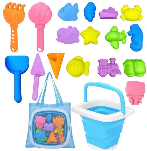 Juego de juguetes de arena 19 piezas, juguetes para la playa para niños - cubo plegable con pala de arena | Juguete de caja de arena con bolsa de malla para playa, viaje,regalo a partir de 3 (azul)