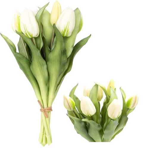 Zouwel 7 unidades de flores artificiales decorativas de primavera: tulipanes artificiales como reales, ramo de tulipanes de tacto real, decoración perfecta para primavera (blanco)