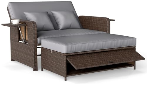 COSTWAY Rattan Loungesoffa, loungemöbel utomhus, trädgårdssoffa med liggefunktion, 2-sitsig trädgårdslounge med kudde & sidobord, polyrattan trädgårdsmöbler, balkongmöbler liten balkong (Mix Brun-grå)