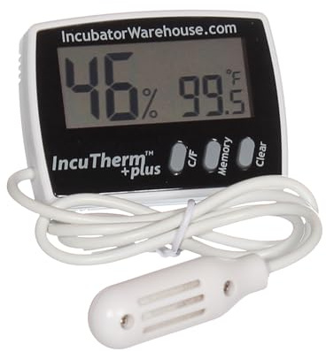 Incubator Warehouse IncuTherm™ Plus Digital Thermometer and Hygrometer for Egg Incubator - Large Digital Display with Min/Max Memory - Remote Probe - Reads Celsius and Fahrenheit +/-1° 1109 IWTH01