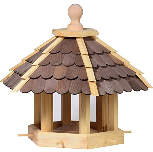 dobar® 44136e Large Bird Villa - Solid Wood Bird Feeder - Bird House for Stand Mounting - Feeding Station with Feeder Silo - Wild Bird Feeder - 55 x 62 x 43 cm - Brown