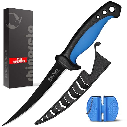 Rhinoreto Fillet Knife for Fish - Razor Sharp G4116 German Stainless Steel Blade, 5 Inch Professional Filleting & Boning Knife with Non-Slip Handle, Protective Sheath & Sharpener