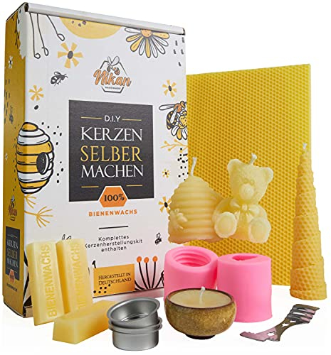 NIKAN Kerzen Selber Machen Set Kinder & Erwachsene Bienenwachs 100% Natürlich - Bienenwachskerzen Bastelset - Kerzenwachs, Kerzendocht, Silikonform Kerze, Kerzenwachs zum Gießen - DIY Kerzen Set