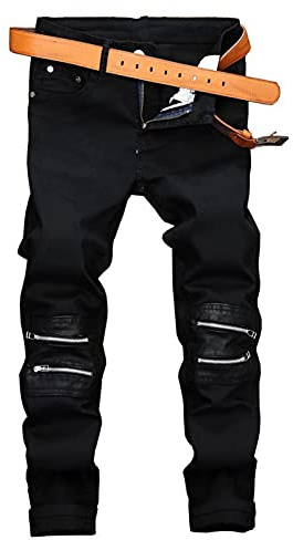 DSDZ Men's Ripped Patchwork Pleated Stretch Biker Jeans with Zippers D288 40 Black