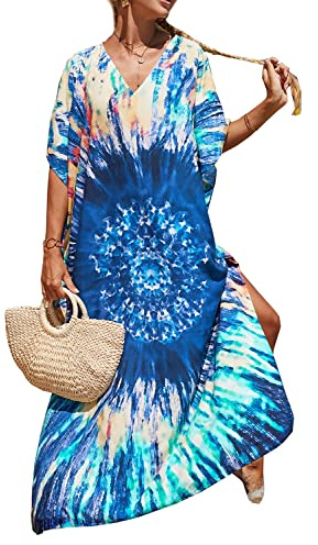 LikeJump Dam Boho Kaftan strand täcker badkläder kimono maxiklänning plusstorlek Tpos, D Blå kaki grön, one size