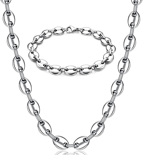 JeweBella Halskette Herren Edelstahl Kaffeebohne Kette Armband Set für Männer 7MM Kaffeebohne Bohnenkette Hip Hop Halskette Silber Länge 56/61CM, Armband 21.5CM