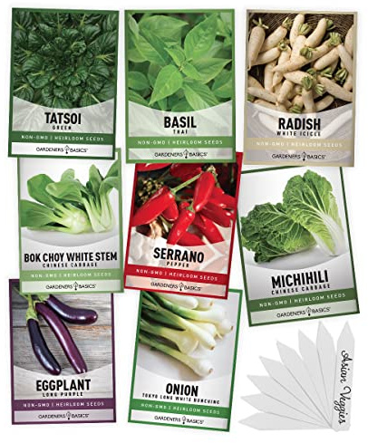 Gardeners Basics, Asian Vegetable Seeds for Planting 8 Packets Bok Choy, Michihili (Napa) Chinese Cabbage, Tatsoi, Onion, White Radish, Serrano, Eggplant for Your Non GMO Heirloom Vegetable Garden