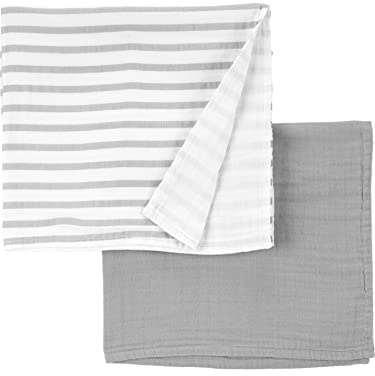 Simple Joys by Carter's Neutral's Lot de 2 couvertures en Gaze de Coton, Gris/Rayures, OSZ