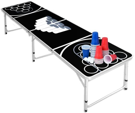 SUBTLETY Bierpong Tische aus Aluminium Höhenverstellbar Beer Pong Tisch Set mit 50 Rot Becher + 50 Blau Becher + 5 Weiß Bälle Klappbarer Beerpong Partytisch für Trinkspiele Kartenspiel (240x60x70cm)