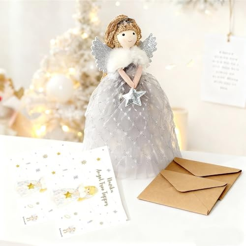 Angel Tree Topper,26 cm High Angel Topper Christmas Tree Decorations with 2 Greetings Cards and 2 Envelopes,Christmas Trees Fairy Topper for ChristmasTrees Decorations and Home Decor