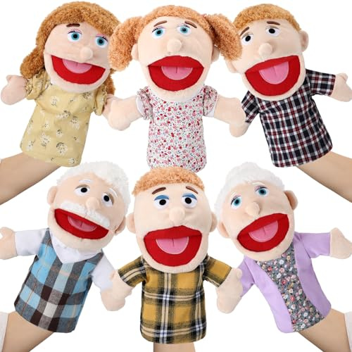 Lenwen 6 Pcs Family Hand Puppet Set Family Members Puppets with Movable Mouth Soft Plush for Boys and Girls Teens Kids Storytelling Play School Teaching Preschool(Light Skinned)
