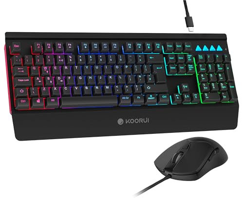 KOORUI Gaming Keyboard Mouse Set, 104 Keys QWERTY Layout with Palm Rest Ghosting Protection Keyboards USB Cable 12 Multi Media Keys for Windows MacOS Linux-Black
