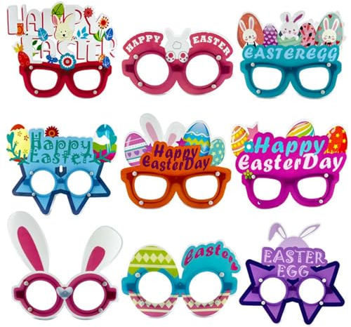 Colexy 9 Stück Ostern Party Brillen Masken für Kinder Erwachsene, Osterhasen Brille Partybrillen Cartoon Hase Osterei Brille, Foto Requisiten Partydekoration, Brillenrahmen für Osterparty Verkleiden
