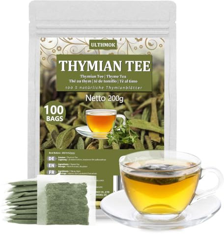 ULTHMOK Premium 100 Bustine di Tè al Timo - Realizzato con 100% Puro Foglie di Timo, Supporta la Digestione & il Sistema Respiratorio, Senza Additivi & Caffeina Gratis