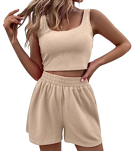 LZPCarra Loungewear - Conjunto corto para mujer, traje de casa para mujer, elegante punto, traje de verano, bodycon Crop Tank Top Pantalones cortos de punto Conjunto de ropa de estar sin vientre y