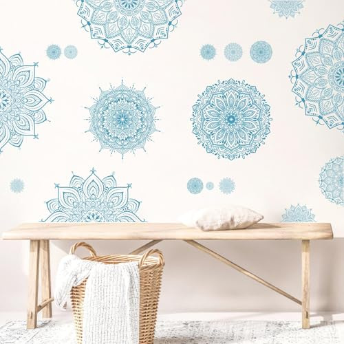 Blue Mandala Wall Stickers Large Mandala Wall Decals Peel and Stick Lotus Flower Stickers Headboard Art Decoration Modern Blue Art Decals for Living Room Bedroom Yoga Decor