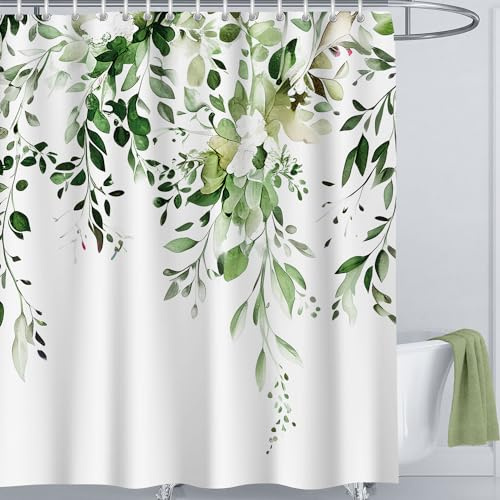 LIVETTY Duschgardiner grönt blad duschdraperi 200 x 200 cm dropptyg duschdraperi för badrum snabbtorkande köksgardiner maskintvättbar med 12 krokar – flerfärgad