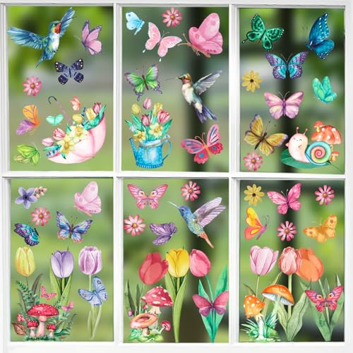 83Pcs Spring Window Stickers, Floral Hummingbird Butterfly Window Stickers Easter, Double-Sides Window Clings for Glass, Window Decals Anti-Collision, Reusable & Removable