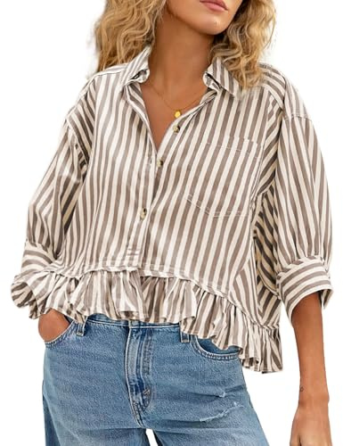 CHYRII Womens Summer Tops Dressy Casual Blouse Top Ruffled Short Sleeve Button Down Striped Shirt Tan S