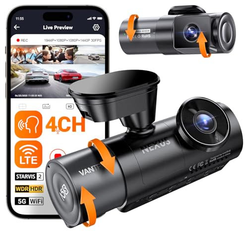 VANTRUE N5S 4 Kanal STARVIS 2 Dashcam Auto 2.7K+ 1080P+ 1080P+ 1440P Vorne Innen Hinten, HDR+ WDR Dash Cam 5G WLAN, Sprachsteuerung Dashcams, GPS, 24Std. Puffer Parkmodus, LTE Optional, Max 1TB
