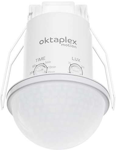 Oktaplex Kim 360 graders installation rörelsedetektor utomhus IP54 PIR-sensor 10 m räckvidd taksensor inomhus rörelsesensor vit