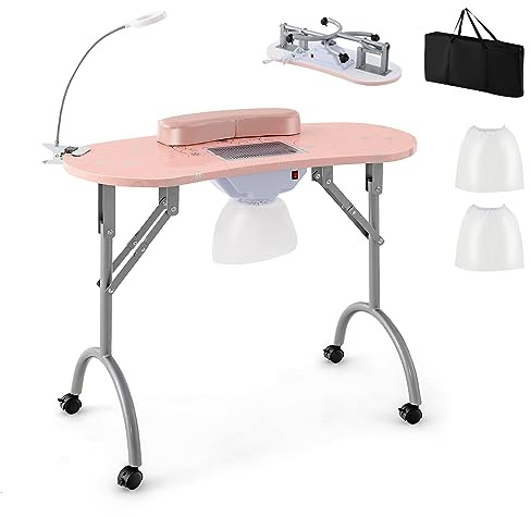 COSTWAY Table de Manucure Pliante avec Collecteur de Poussière Électrique, Bureau d’Esthéticienne avec Lampe LED Coussin pour Poignet Sac de Transport 4 Roues Verrouillables (Rose,90 x 43 x 73 cm)