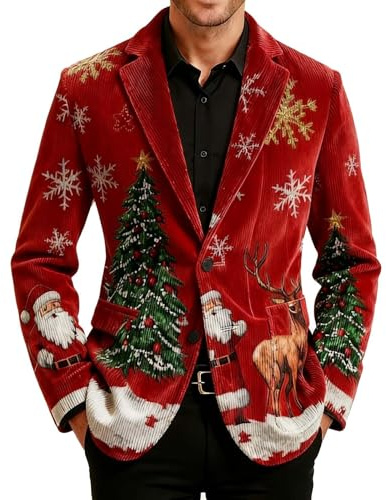 Blazer De Navidad para Hombre-Chaqueta De Traje Festivo-Chaqueta Elegante De Pana Estampada, Ideal para La Temporada NavideñA, Fiestas Y Celebraciones. (Red, XXL)