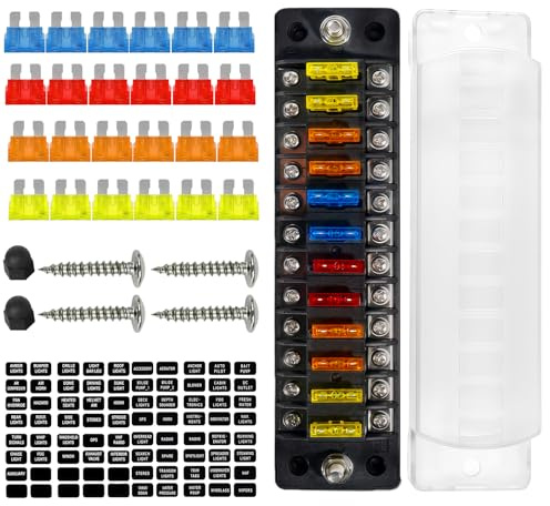 Portafusibili 12V ermetico, 12 vie scatola fusibili ATC/ATO con barra collettrice negativa, senza LED, per auto barca camper roulotte SUV camion – 12 circuiti
