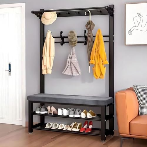 4-i-1 entré klädhängare med skobänk metall hall träd med förvaringshylla krokar mjuk kudde och hängande stång perfekt för vardagsrum hall och sovrum (svart 60 x 33 x 172 cm)