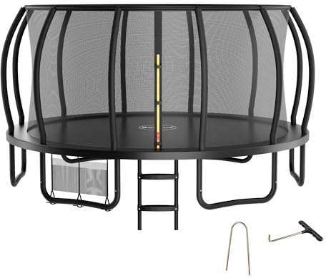 Zelsius Trampolino nero per attività all'aperto, trampolino da giardino con rete di sicurezza, scala e borsa per scarpe, trampolino per sport e tempo libero (427 cm)