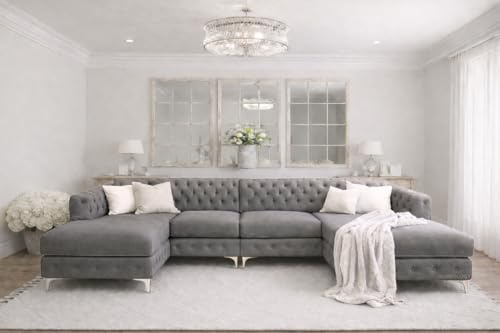 Bella Chesterfield U-Shaped Sofa | Plush Velvet Button Tufted | Grand Double Chaise Lounge | 4–5 Seater Chaise Sofa for Living Room with Scatter Cushions Included (Grey, U Shaped Sofa)