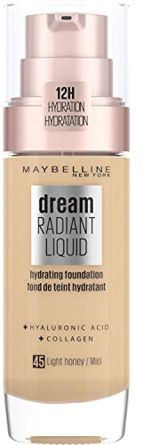 Maybelline Foundation, Dream Radiant Liquid Hydrating Foundation with Hyaluronic Acid and Collagen - Lightweight, Medium Coverage Up to 12 Hour Hydration, 45 Light Honey