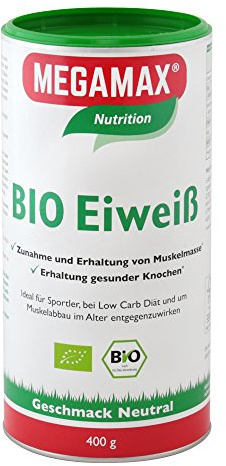 MEGAMAX BIO Eiweiß Pulver Neutral. Ideal für Sportler und Ernährungsbewusste. Angenehmer neutraler Geschmack. Inhalt: 400g. Produktion in Deutschland.