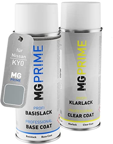 MG PRIME Autolack Sprühdosen Set für Nissan KY0 / KYO Sporty Silver Metallic/Blade Silver Metallic Basislack Klarlack Spraydose 400ml