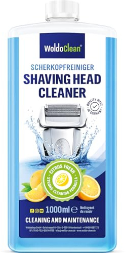 WoldoClean Scherkopfreiniger Nachfüllflüssigkeit 1.000ml - Kompatibel mit Braun Clean & Renew Kartuschen & Stationen, Rasierer Reiniger mit Alkohol (>90%), Pflegeöl & Frischem Lemon Duft
