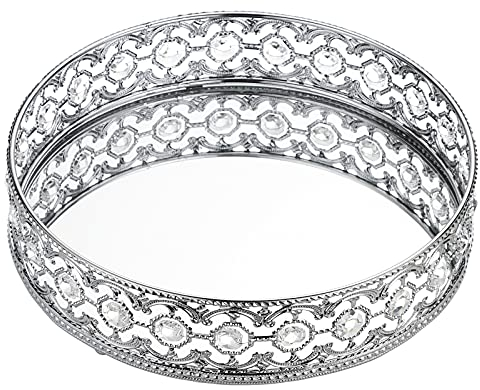 BSTKEY Metal Decorative Vanity Mirror Tray Cosmetic Tray, Round 25x25cm Jewelry Trinket Holder Plate Countertop Organizer for Home Office (Silver)