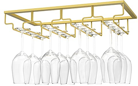 Nuovoware Porte-Verres à Pied Suspendu, Porte-Verre à Vin Suspendu Support de Verre à Vin avec 4 Rails pour Dessous d'Étagère, Armoire de Verre, Tenture en Chrome, Barre de Cuisine - Or