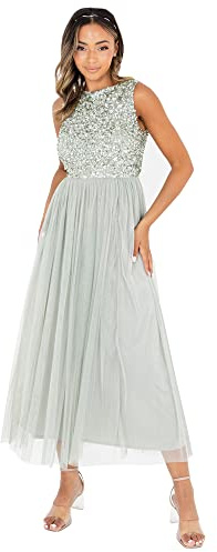 Maya Deluxe Vestido Midaxi para Mujer, sin Mangas, Lentejuelas, Cintura Imperio, Tul, Adornado para Boda, invitada de Baile Dama de Honor, Lirio Verde, 34