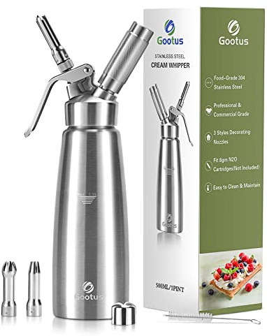 Gootus Professional Whipped Cream Dispenser - Stainless Steel, 500ml / 1 Pint Capacity, Includes 3 Stainless Decorating Nozzles and 1 Brush