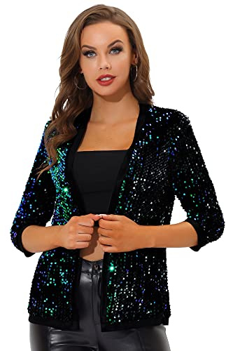 Allegra K Veste Blazer Élégante à Sequins pour Femmes Cardigan à Paillettes Manches 3/4 pour Soirée Gilet Brillante Costume de Fête Vert XL