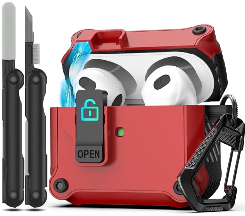RFUNGUANGO Funda para Airpods de 3ª generación con Clip de Bloqueo Seguro, Protector de Carcasa Dura a Prueba de Golpes,Compatible con Apple AirPod de 3,Rojo