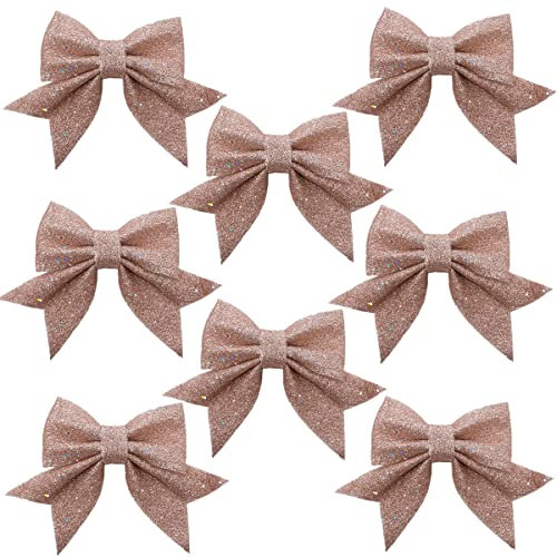8 Pcs Rose Gold Glitter Foam Bows 5.5 Inch Christmas Glitter Wreaths Bows for Decorations,Bowknot Sequin Ties for Christmas Tree Decor,Bows Ornaments for Xmas Tree Wreaths,Garland Decorations