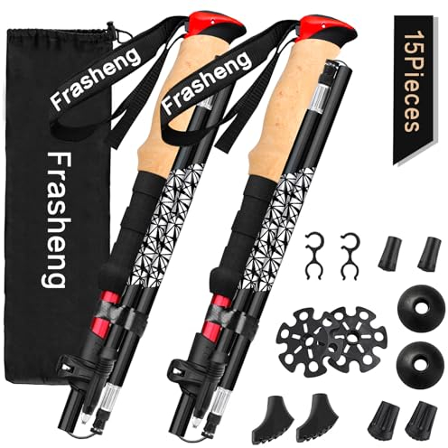 Frasheng Wanderstöcke faltbar Aluminium mit Korkgriff, Trekkingstöcke, Wanderstöcke Nordic Walking Stöcke, Wanderstöcke Teleskop faltbar und verstellbar, mit 4 Paar Gummipuffers für Trekking,135 cm
