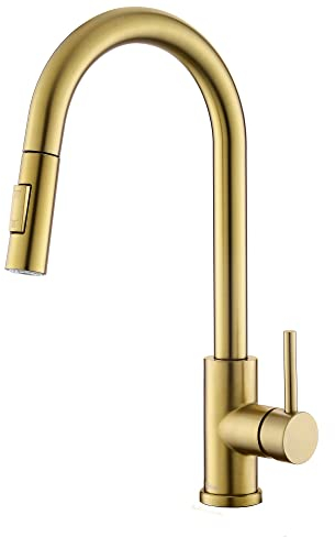 Tohlar Gold Wasserhahn Küche, Gebürstetes Gold Küchenarmatur mit Ausziehbare Brause, Hochdruck Mischbatterien für Küche Moderner Edelstahl Spültischarmatur