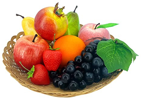 Lorigun 9 PCS Frutti Artificiali, Frutti Finti per La Decorazione Realistica, Frutta Finta Assortita per la Tavola da Pranzo Display Frutti Pack Party Chirstmas Decortion Mela Rossa Uva Pesca Arance