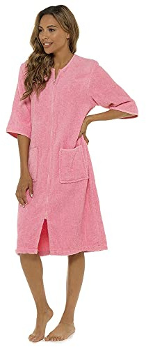 Thingimijigs Robe de bain zippée en 100 % coton pour femmes en éponge de terry, peignoir, manteau de maison, rose, 40-42
