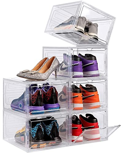 Taylor & Brown 6 Pack Clear Transparent Shoe Storage Boxes Hard Plastic Stackable Shoe Box Organiser Containers Bins Drawer Type Front Space Saving with Magnetic Door Sturdy & Durable