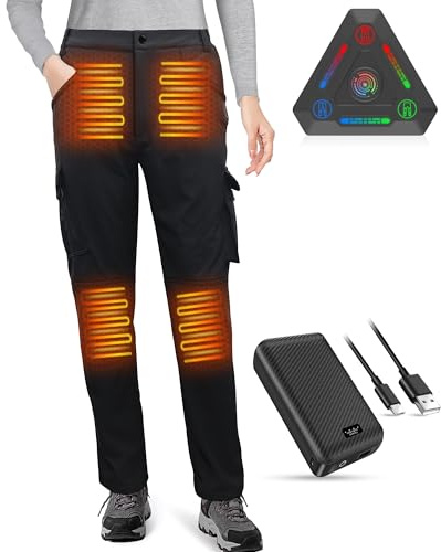 FERNIDA Beheizbare Hose Damen, Baggy Beheizte Schwarze Hose mit Akku, Elektrisch Softshell Heizhose für Wandern, Skifahren, Angeln, 3 Heizstufen, 8 Heiz Zonen, L