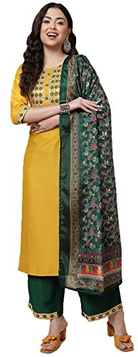 Shiv Textiles Ensemble Kurta brodé en soie pour femme, jaune, Large